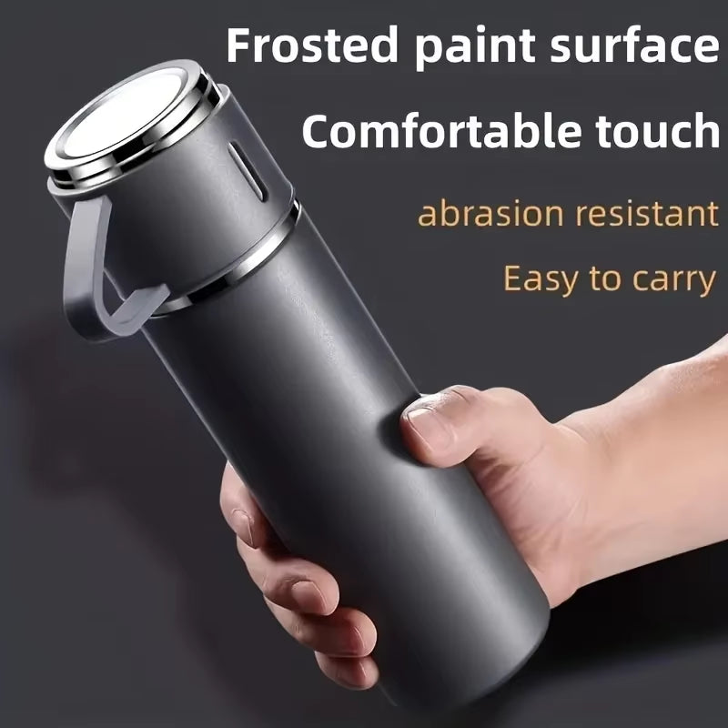 Elegant Stainless Steel Vacuum Flask Gift Set – 500ML Insulated Bottle with 2 Cups for Hot & Cold Drinks, Perfect for Travel, Office & Gifting