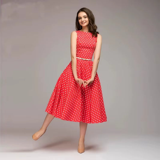 Elegant Vintage Sleeveless Dot-Print Dress for Women – Mid-Calf, O-Neck Casual