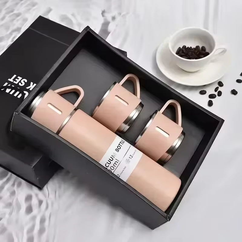 Elegant Stainless Steel Vacuum Flask Gift Set – 500ML Insulated Bottle with 2 Cups for Hot & Cold Drinks, Perfect for Travel, Office & Gifting