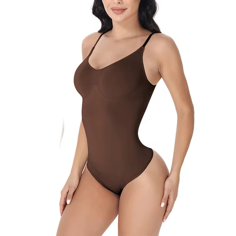 Women's V-Neck Spaghetti Strap Bodysuit with Built-In Padding – Slimming Shapewear with Open Crotch Design for Smooth, Comfortable All-Day Wear