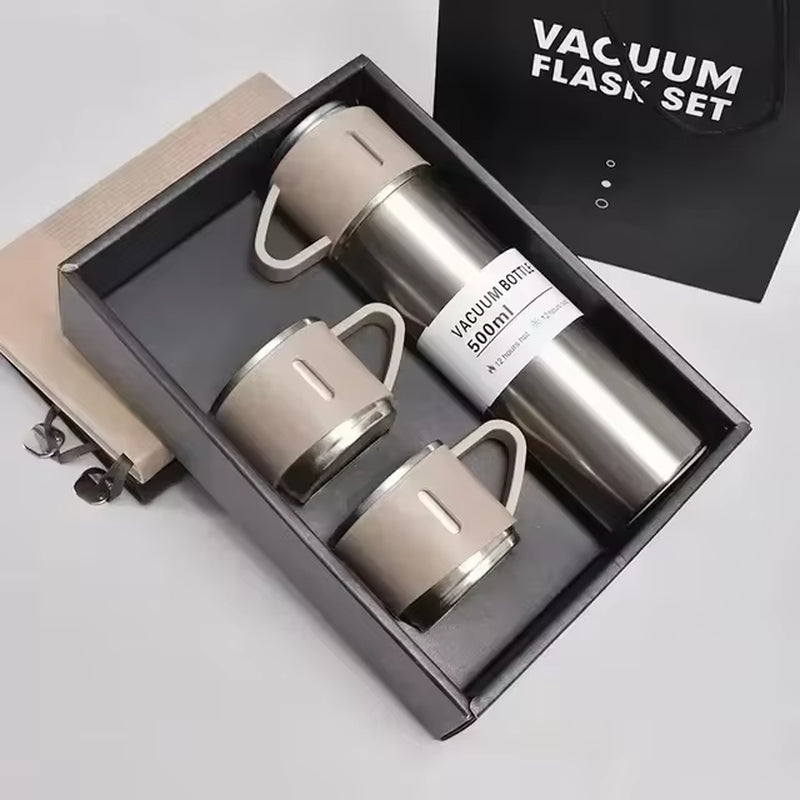 Elegant Stainless Steel Vacuum Flask Gift Set – 500ML Insulated Bottle with 2 Cups for Hot & Cold Drinks, Perfect for Travel, Office & Gifting