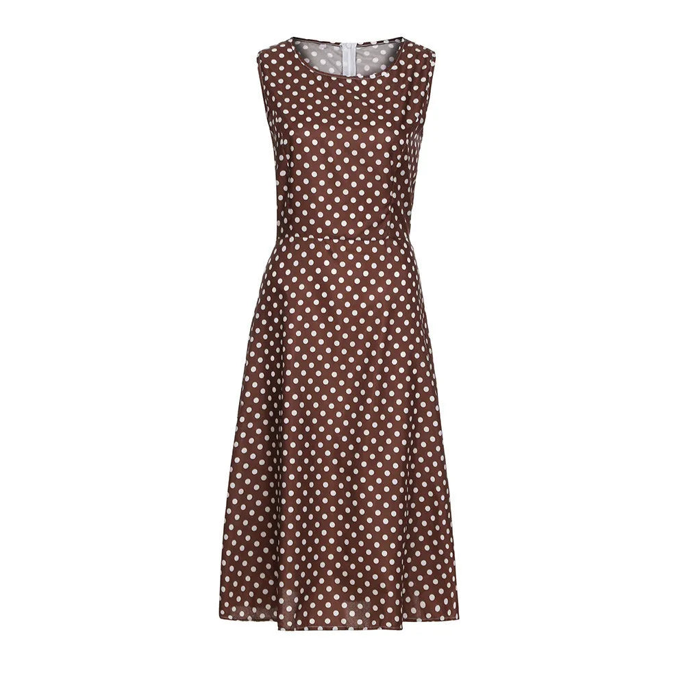 Elegant Vintage Sleeveless Dot-Print Dress for Women – Mid-Calf, O-Neck Casual