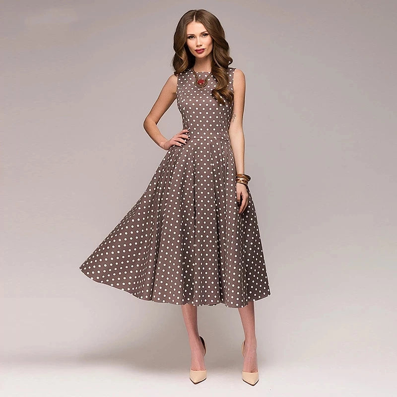 Elegant Vintage Sleeveless Dot-Print Dress for Women – Mid-Calf, O-Neck Casual