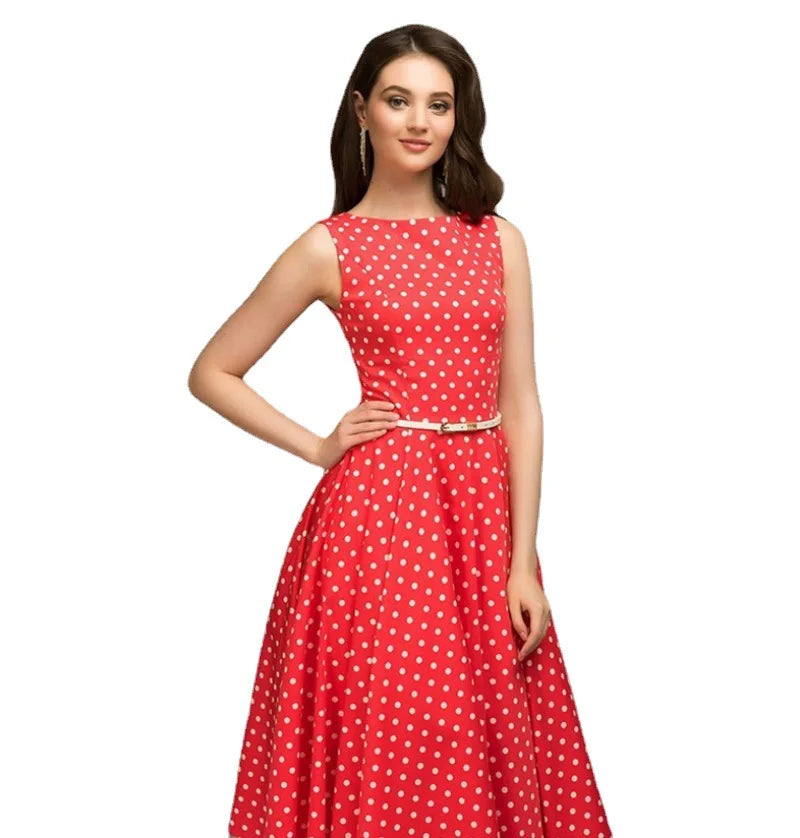 Elegant Vintage Sleeveless Dot-Print Dress for Women – Mid-Calf, O-Neck Casual