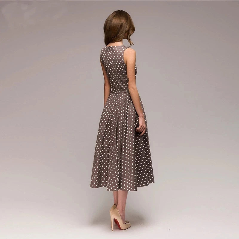 Elegant Vintage Sleeveless Dot-Print Dress for Women – Mid-Calf, O-Neck Casual