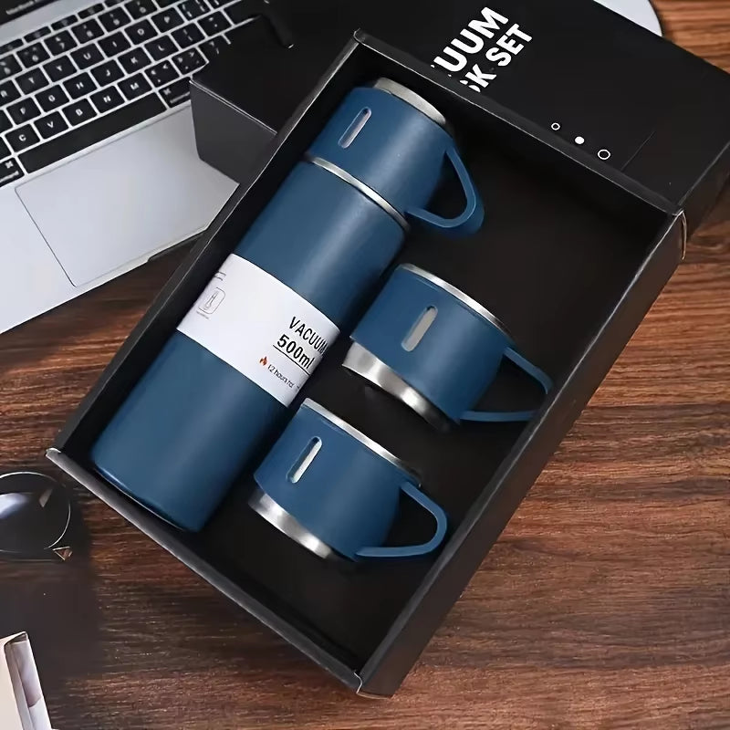 Elegant Stainless Steel Vacuum Flask Gift Set – 500ML Insulated Bottle with 2 Cups for Hot & Cold Drinks, Perfect for Travel, Office & Gifting