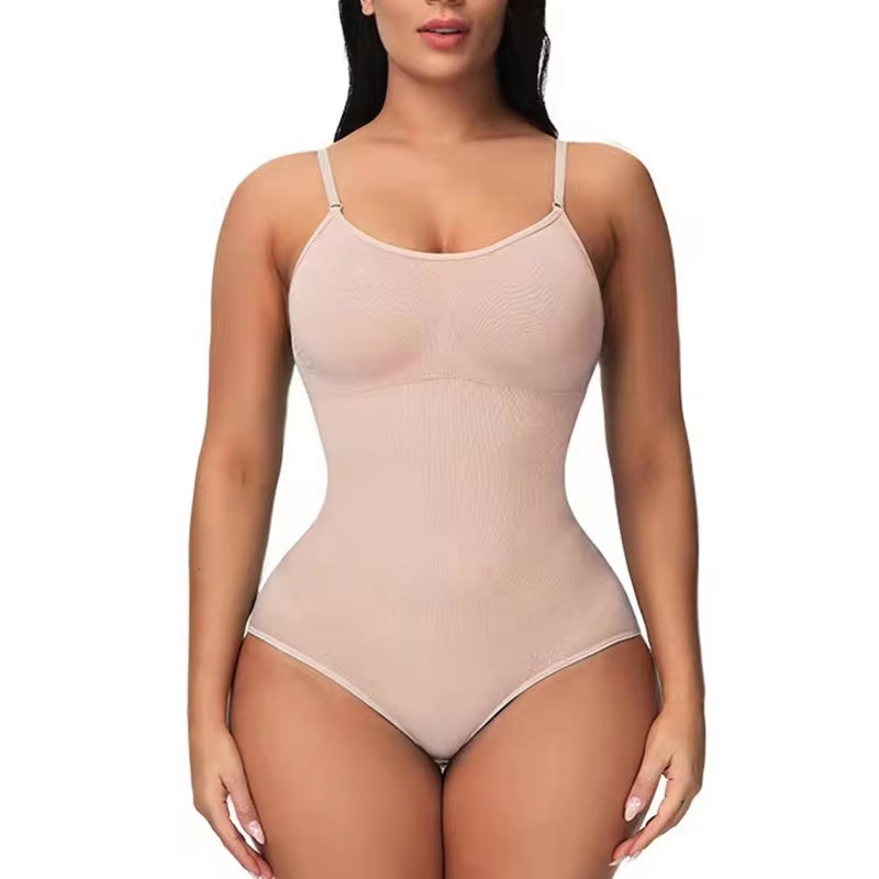 Women's V-Neck Spaghetti Strap Bodysuit with Built-In Padding – Slimming Shapewear with Open Crotch Design for Smooth, Comfortable All-Day Wear