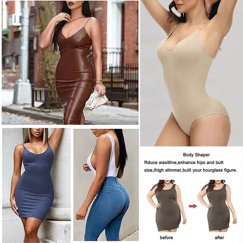 Women's V-Neck Spaghetti Strap Bodysuit with Built-In Padding – Slimming Shapewear with Open Crotch Design for Smooth, Comfortable All-Day Wear